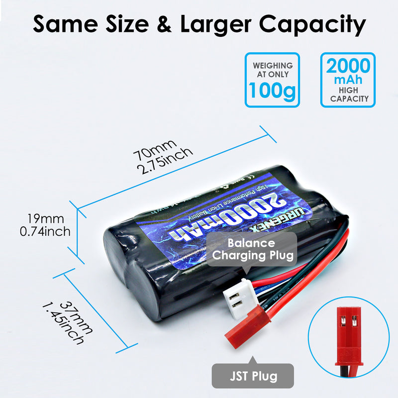 Load image into Gallery viewer, URGENEX 2S RC Battery 2000mAh 7.4 V Li-ion Battery with JST Plug 2S Rechargeable RC Battery with USB Charger Fit for RC Helicopter Car Truck and RC Boats