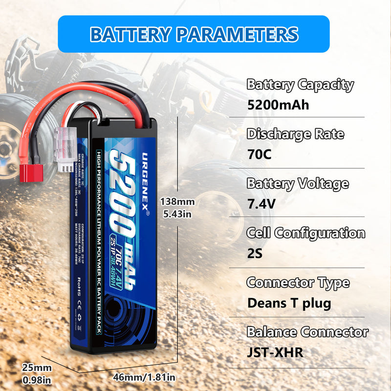 Load image into Gallery viewer, URGENEX 7.4V 5200mAh Lipo Battery 2S 70C High Discharge Rate RC Batteries with Deans T Plug Fit for RC Car Truck, RC Airplane, FPV Drone, UAV Quadcopter and Helicopter