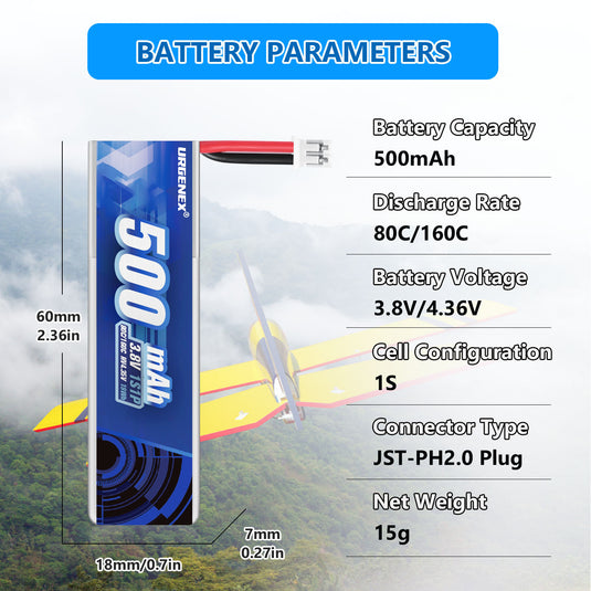 URGENEX 5PCS EMAX Battery 1S 500mAh 3.8V HV Lipo Battery 80C High Discharge Rate RC Drone Battery with PH2.0 Plug Fit for EMAX Quadcopter and Most 1S Racing Drone FPV