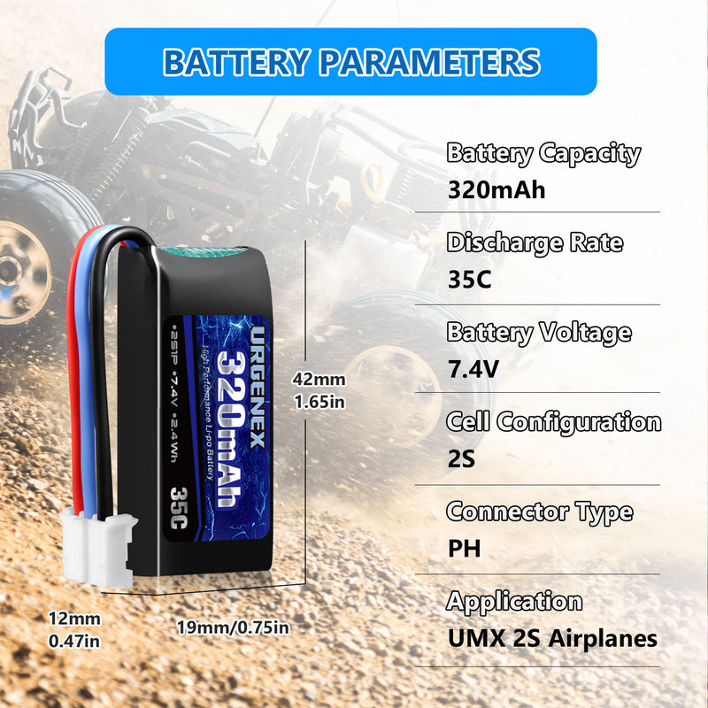 Load image into Gallery viewer, URGENEX 7.4V Lipo Battery 2S 35C 320mAh Rechargeable Lipo Battery with PH2.0 3PIN Plug Compatible with UMX 2S Airplane