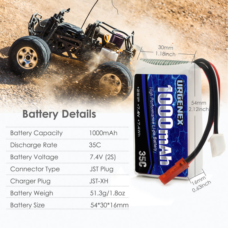 Load image into Gallery viewer, 2S Lipo Battery 7.4v Lipo with JST Plug, RC Lipo Batteries 35C 1000mah Lipo Batteries for WLtoys Rc Cars A949 A959 A969 A979 K929