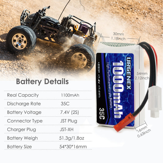 URGENEX 7.4V Lipo Battery 1000mAh 2S Li-Po Battery 35C with JST Plug RC Batteries Fit for WLtoys Rc Cars A949 A959 A969 A979 K929 and Most 1/10, 1/16, 1/18, 1/24 Scale RC Cars Remote Control Cars