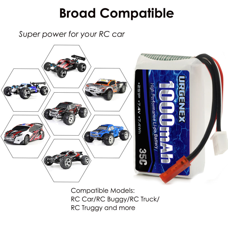 Load image into Gallery viewer, 2S Lipo Battery 7.4v Lipo with JST Plug, RC Lipo Batteries 35C 1000mah Lipo Batteries for WLtoys Rc Cars A949 A959 A969 A979 K929