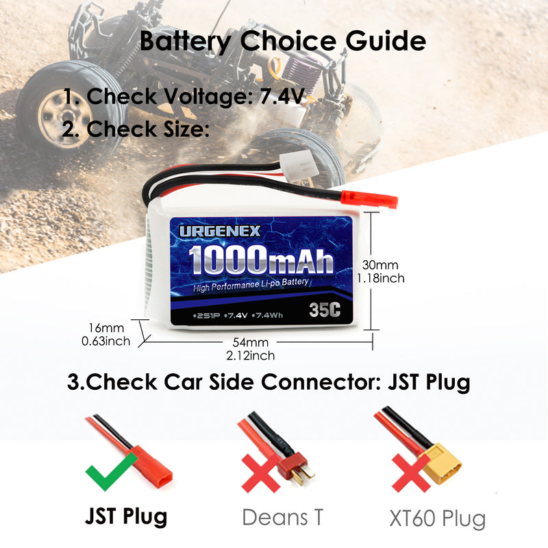 Load image into Gallery viewer, 2S Lipo Battery 7.4v Lipo with JST Plug, RC Lipo Batteries 35C 1000mah Lipo Batteries for WLtoys Rc Cars A949 A959 A969 A979 K929