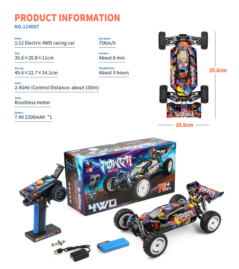 Load image into Gallery viewer, WLtoys 1/12 Scale RC Car 4WD 75KM/H High Speed Brushless 2.4G Remote Control RC Car Model 124007