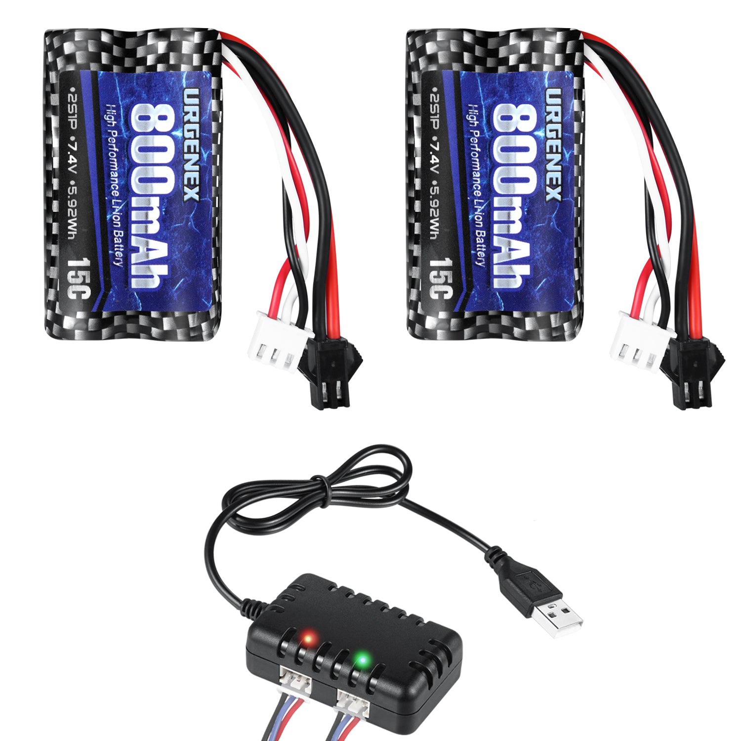 URGENEX 2 Pack 7.4V 800mAh 2S 15C Li-ion Battery With 7.4V USB Charger ...