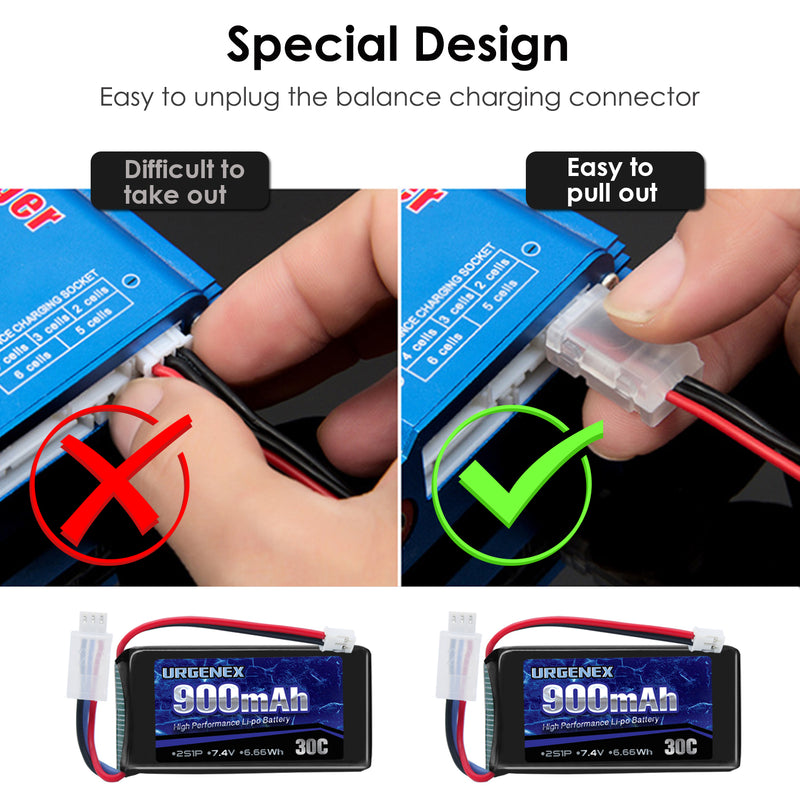 Load image into Gallery viewer, URGENEX 2S 900mah 30C 7.4V Lipo Battery Fit for Axial SCX24 and Most 1/10, 1/16, 1/18, 1/24 Scale RC Cars Trucks High Performance