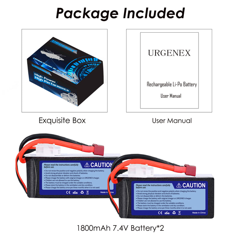 Load image into Gallery viewer, URGENEX 7.4v RC Car Battery1800mah RC Lipo Batteries With Deans T Plug Longer Expected and Full to 8.40v Campatibal With Most 1/10, 1/16 Scale RC Cars Trucks