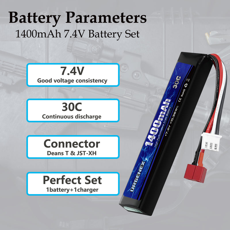 Load image into Gallery viewer, URGENEX Airsoft Battery 7.4V 1400mAh Lipo Battery with Deans T Plug 30C High Discharge Rate Rechargeable 2S Lipo Battery for Airsoft Model Guns