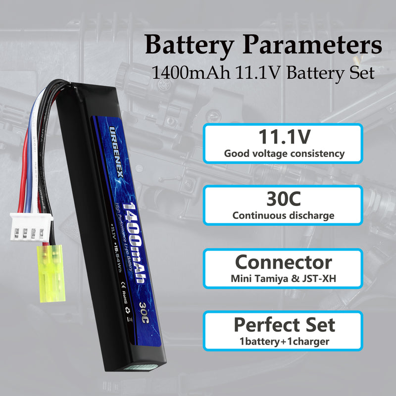 Load image into Gallery viewer, URGENEX Airsoft Battery 11.1V 1400mAh Lipo Battery with Mini Tamiya Connector 30C High Discharge Rate Rechargeable 3S Lipo Battery for Airsoft Model Guns