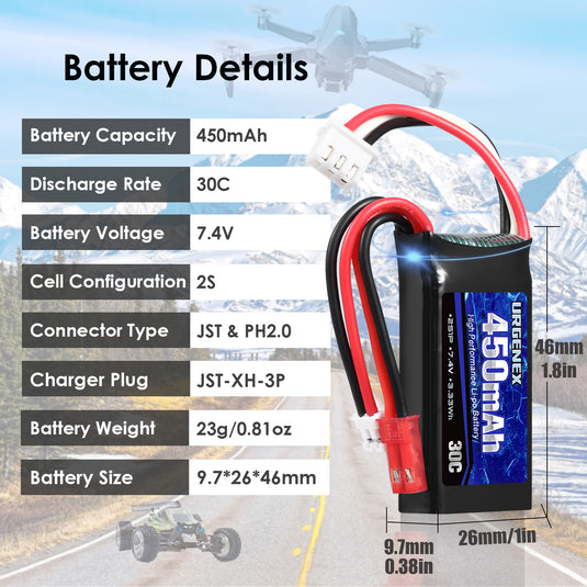 2S 7.4V 30C 450mAh Rechargeable Lipo Battery with JST & PH2.0 Plug Fit for Axial SCX24