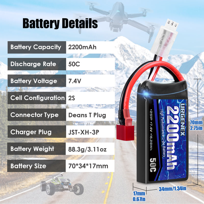 Load image into Gallery viewer, URGENEX 7.4V 2200mAh Lipo Battery 50C(Burst 80C) with Dean-Style T Plug Charges quickly, Great Runtime and Power Fit for RC Car Truggy(HBX 2996A/903A), RC Airplane, FPV Drone, UAV Quadcopter and Helicopter