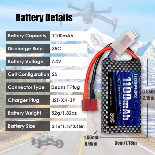 URGENEX 7.4V 1100mAh 2S 35C RC LiPo Battery with DeansT Plug