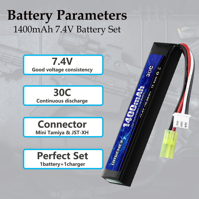 Load image into Gallery viewer, URGENEX Airsoft Battery 7.4V 1400mAh Lipo Battery with Mini Tamiya Connector 30C High Discharge Rate Rechargeable 2S Lipo Battery for Airsoft Model Guns