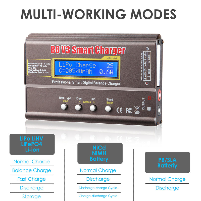 Load image into Gallery viewer, B6 V3 Balance Charger 80W 6A RC Battery Charger for LiPo/Li-ion/LiHv/Life Battery (1-6S) NiMH/NiCd (1-15S)/Pb Batteries Professional RC Hobby Batteries Balance Charger Discharger with AC Power Adapter