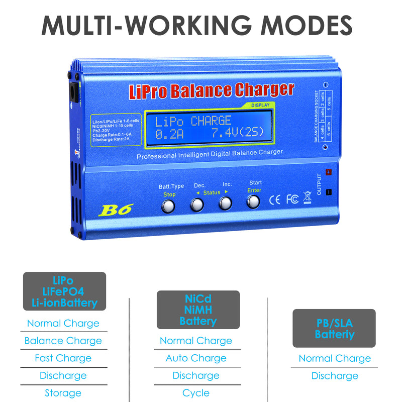 Load image into Gallery viewer, B6 Balance Charger 80W 6A RC Battery Charger for LiPo/Li-ion/Life Battery (1-6S) NiMH/NiCd (1-15S)/Pb Batteries Professional RC Hobby Batteries Balance Charger Discharger with AC Power Adapter