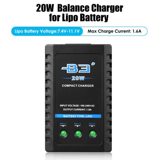 B3 Lipo Charger 20W 1600mAh Balance Charger for 2S-3S Lipo Batteries 7.4V-11.1V Lipo Battery Balance Charger