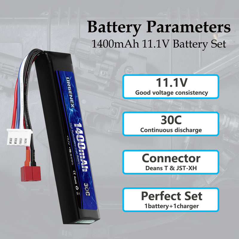 Load image into Gallery viewer, URGENEX Airsoft Battery 11.1V 1400mAh Lipo Battery with Deans T Connector 30C High Discharge Rate Rechargeable 3S Lipo Battery for Airsoft Model Guns