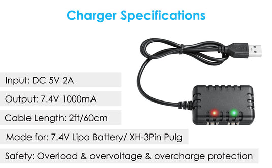 2S 1 to 2 7.4V 1A Battery Charger XH-3P Connector Compatible with 7.4V RC Battery