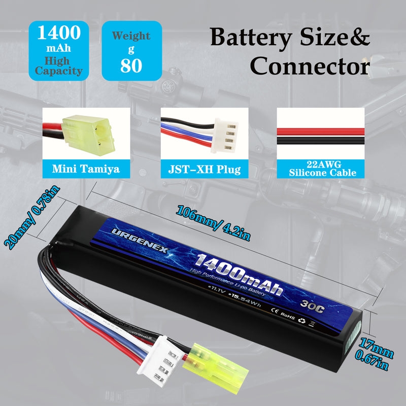 Load image into Gallery viewer, URGENEX Airsoft Battery 11.1V 1400mAh Lipo Battery with Mini Tamiya Connector 30C High Discharge Rate Rechargeable 3S Lipo Battery for Airsoft Model Guns