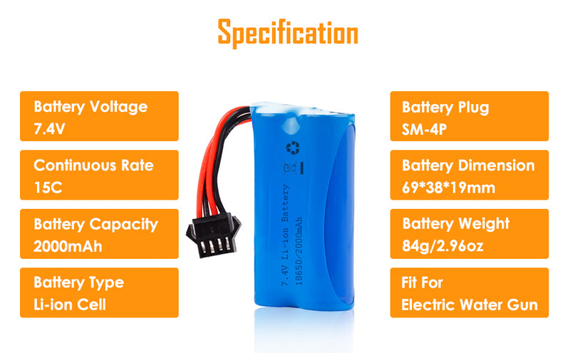 Load image into Gallery viewer, URGENEX 2000mAh 7.4V Electric Water Gun Battery 2S 15C Li-ion Battery with SM-4P Plug