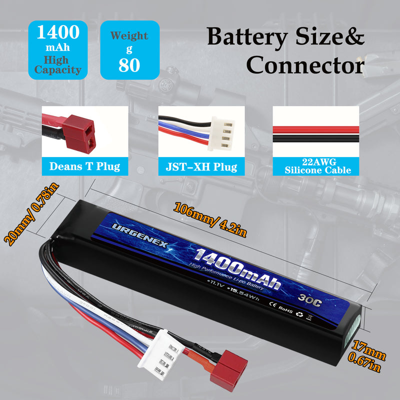 Load image into Gallery viewer, URGENEX Airsoft Battery 11.1V 1400mAh Lipo Battery with Deans T Connector 30C High Discharge Rate Rechargeable 3S Lipo Battery for Airsoft Model Guns