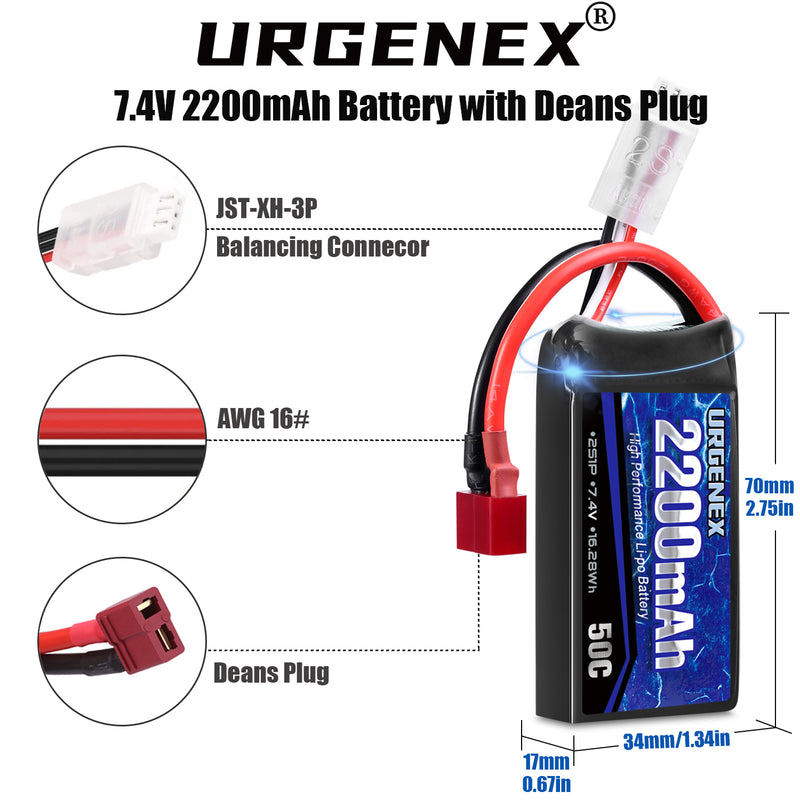 Load image into Gallery viewer, URGENEX 7.4V 2200mAh Lipo Battery 50C(Burst 80C) with Dean-Style T Plug Charges quickly, Great Runtime and Power Fit for RC Car Truggy(HBX 2996A/903A), RC Airplane, FPV Drone, UAV Quadcopter and Helicopter