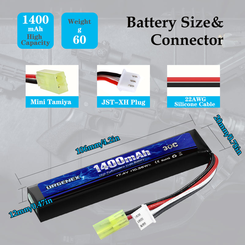 Load image into Gallery viewer, URGENEX Airsoft Battery 7.4V 1400mAh Lipo Battery with Mini Tamiya Connector 30C High Discharge Rate Rechargeable 2S Lipo Battery for Airsoft Model Guns