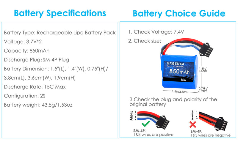 Load image into Gallery viewer, UDI001 UDI008 RC Battery with Charger - Lipo Battery 850mAh 7.4V(2 x 3.7V) RC Boat Battery with SM-4P Plug
