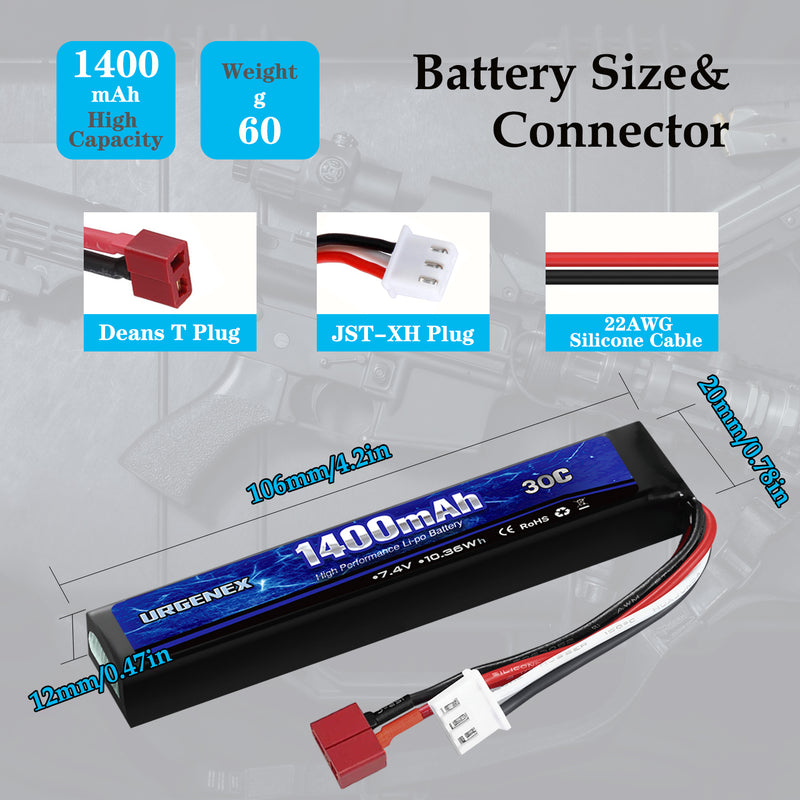 Load image into Gallery viewer, URGENEX Airsoft Battery 7.4V 1400mAh Lipo Battery with Deans T Plug 30C High Discharge Rate Rechargeable 2S Lipo Battery for Airsoft Model Guns