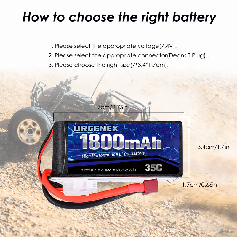Load image into Gallery viewer, URGENEX 7.4v RC Car Battery1800mah RC Lipo Batteries With Deans T Plug Longer Expected and Full to 8.40v Campatibal With Most 1/10, 1/16 Scale RC Cars Trucks
