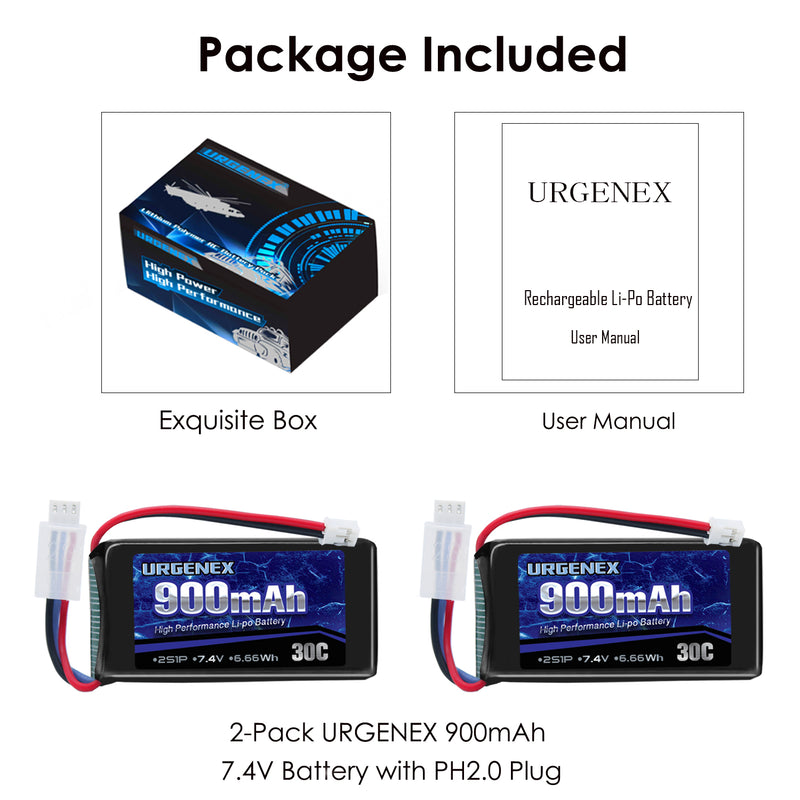 Load image into Gallery viewer, URGENEX 2S 900mah 30C 7.4V Lipo Battery Fit for Axial SCX24 and Most 1/10, 1/16, 1/18, 1/24 Scale RC Cars Trucks High Performance