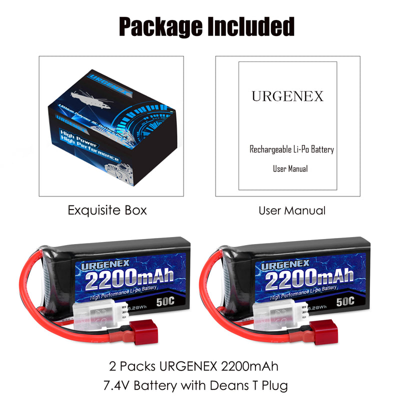 Load image into Gallery viewer, URGENEX 7.4V 2200mAh Lipo Battery 50C(Burst 80C) with Dean-Style T Plug Charges quickly, Great Runtime and Power Fit for RC Car Truggy(HBX 2996A/903A), RC Airplane, FPV Drone, UAV Quadcopter and Helicopter