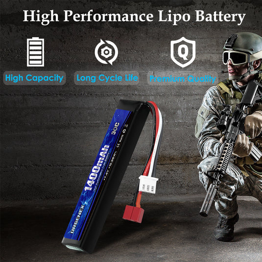 URGENEX Airsoft Battery 7.4V 1400mAh Lipo Battery with Deans T Plug 30C High Discharge Rate Rechargeable 2S Lipo Battery for Airsoft Model Guns