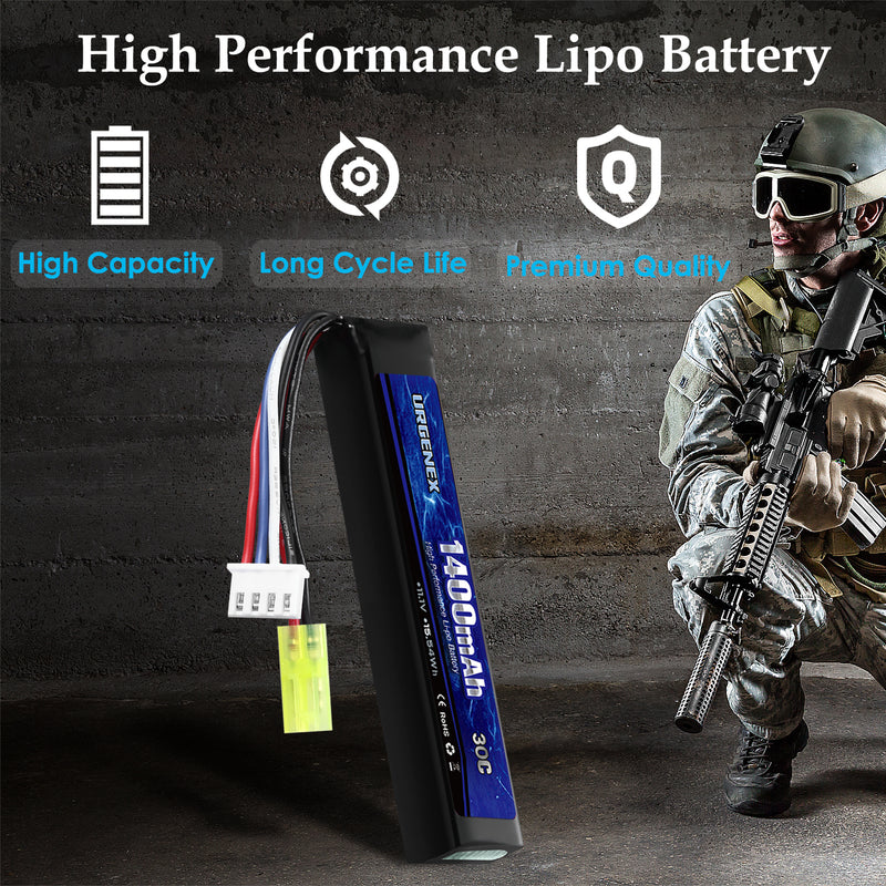 Load image into Gallery viewer, URGENEX Airsoft Battery 11.1V 1400mAh Lipo Battery with Mini Tamiya Connector 30C High Discharge Rate Rechargeable 3S Lipo Battery for Airsoft Model Guns
