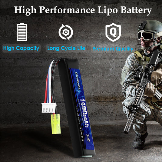 URGENEX Airsoft Battery 11.1V 1400mAh Lipo Battery with Mini Tamiya Connector 30C High Discharge Rate Rechargeable 3S Lipo Battery for Airsoft Model Guns