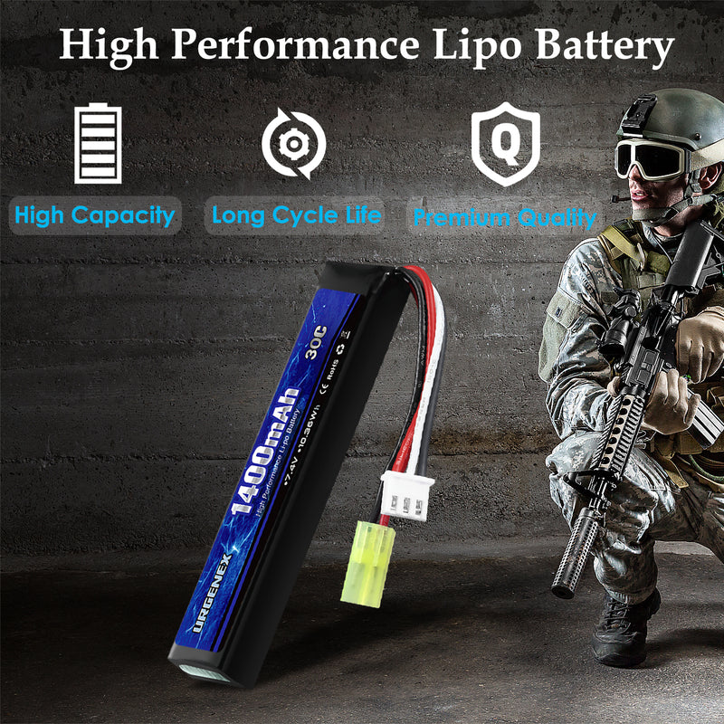 Load image into Gallery viewer, URGENEX Airsoft Battery 7.4V 1400mAh Lipo Battery with Mini Tamiya Connector 30C High Discharge Rate Rechargeable 2S Lipo Battery for Airsoft Model Guns