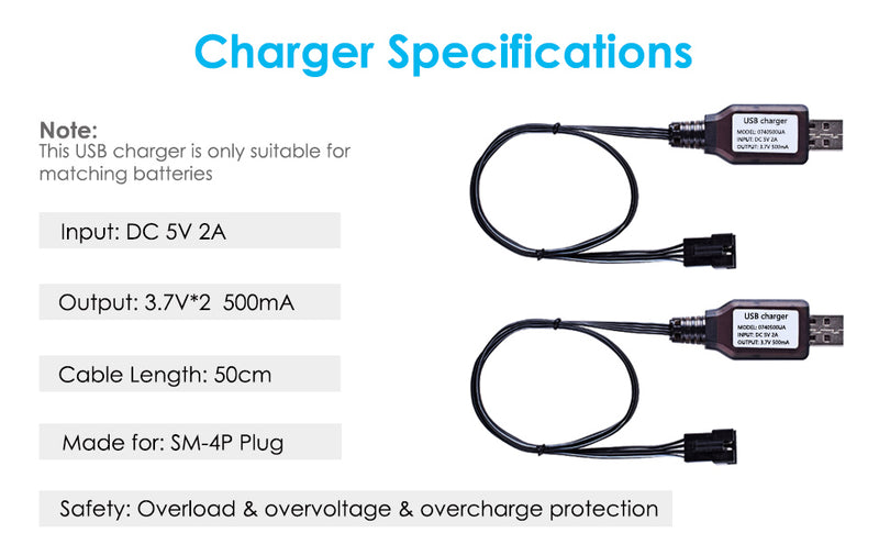 Load image into Gallery viewer, UDI001 UDI008 RC Battery with Charger - Lipo Battery 850mAh 7.4V(2 x 3.7V) RC Boat Battery with SM-4P Plug