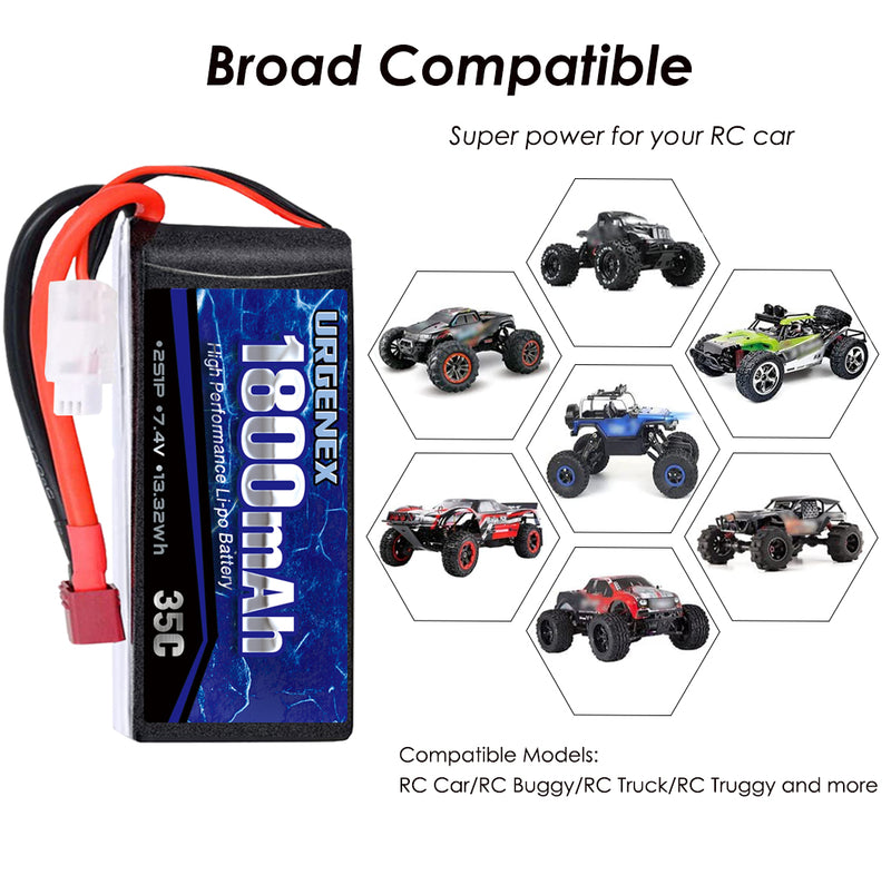 Load image into Gallery viewer, URGENEX 7.4v RC Car Battery1800mah RC Lipo Batteries With Deans T Plug Longer Expected and Full to 8.40v Campatibal With Most 1/10, 1/16 Scale RC Cars Trucks