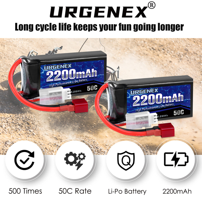 Load image into Gallery viewer, URGENEX 7.4V 2200mAh Lipo Battery 50C(Burst 80C) with Dean-Style T Plug Charges quickly, Great Runtime and Power Fit for RC Car Truggy(HBX 2996A/903A), RC Airplane, FPV Drone, UAV Quadcopter and Helicopter