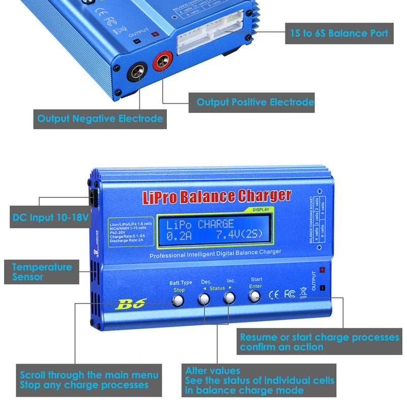 Load image into Gallery viewer, B6 Balance Charger 80W 6A RC Battery Charger for LiPo/Li-ion/Life Battery (1-6S) NiMH/NiCd (1-15S)/Pb Batteries Professional RC Hobby Batteries Balance Charger Discharger with AC Power Adapter