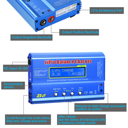 B6 Balance Charger 80W 6A RC Battery Charger for LiPo/Li-ion/Life Battery (1-6S) NiMH/NiCd (1-15S)/Pb Batteries Professional RC Hobby Batteries Balance Charger Discharger with AC Power Adapter
