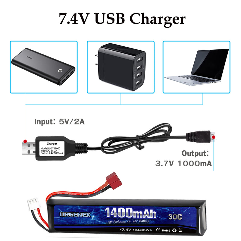 Load image into Gallery viewer, URGENEX Airsoft Battery 7.4V 1400mAh Lipo Battery with Deans T Plug 30C High Discharge Rate Rechargeable 2S Lipo Battery for Airsoft Model Guns