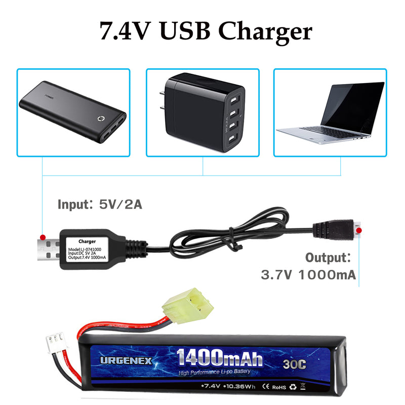 Load image into Gallery viewer, URGENEX Airsoft Battery 7.4V 1400mAh Lipo Battery with Mini Tamiya Connector 30C High Discharge Rate Rechargeable 2S Lipo Battery for Airsoft Model Guns