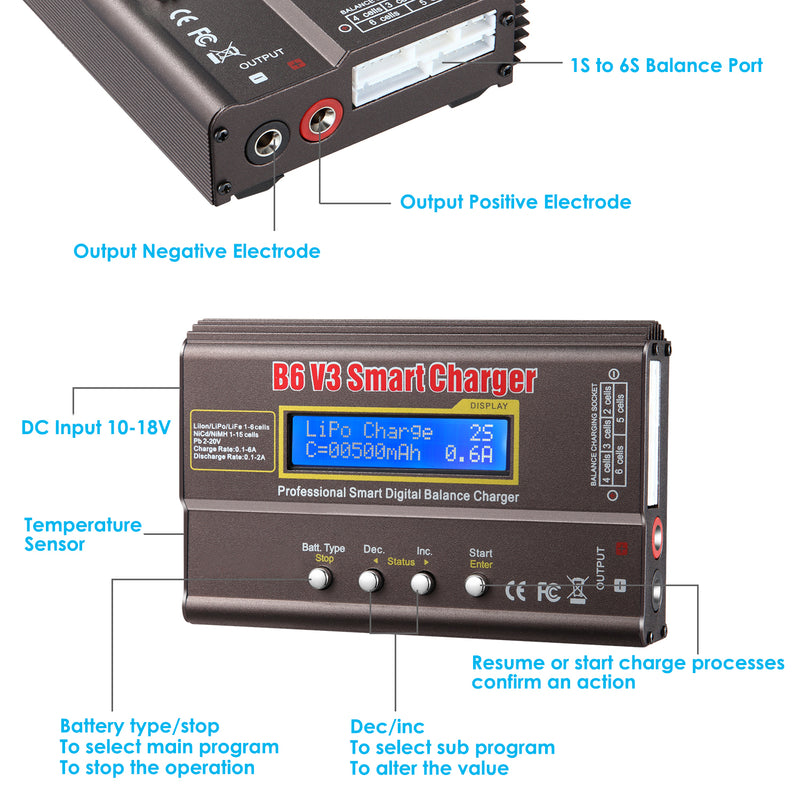 Load image into Gallery viewer, B6 V3 Balance Charger 80W 6A RC Battery Charger for LiPo/Li-ion/LiHv/Life Battery (1-6S) NiMH/NiCd (1-15S)/Pb Batteries Professional RC Hobby Batteries Balance Charger Discharger with AC Power Adapter