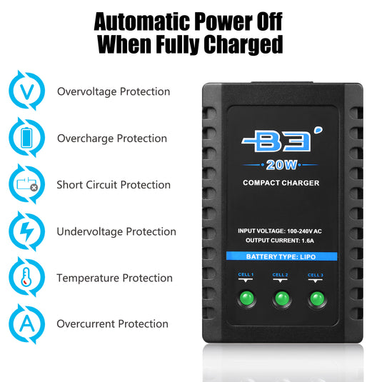B3 Lipo Charger 20W 1600mAh Balance Charger for 2S-3S Lipo Batteries 7.4V-11.1V Lipo Battery Balance Charger