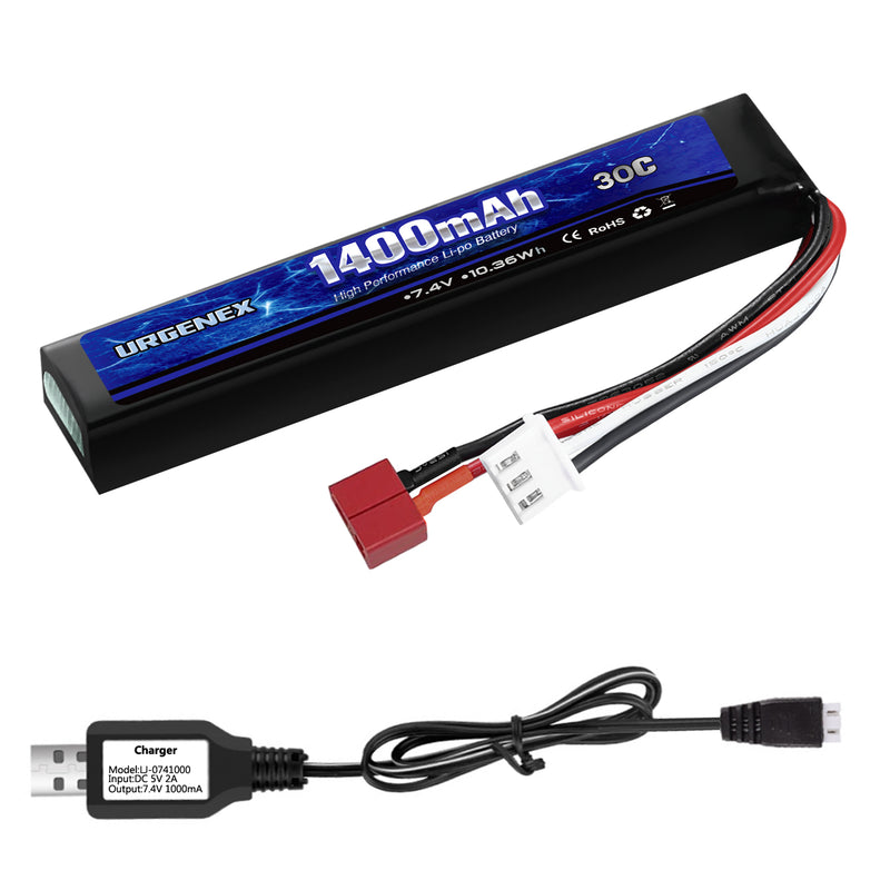 Load image into Gallery viewer, URGENEX Airsoft Battery 7.4V 1400mAh Lipo Battery with Deans T Plug 30C High Discharge Rate Rechargeable 2S Lipo Battery for Airsoft Model Guns