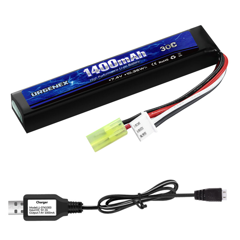 Load image into Gallery viewer, URGENEX Airsoft Battery 7.4V 1400mAh Lipo Battery with Mini Tamiya Connector 30C High Discharge Rate Rechargeable 2S Lipo Battery for Airsoft Model Guns