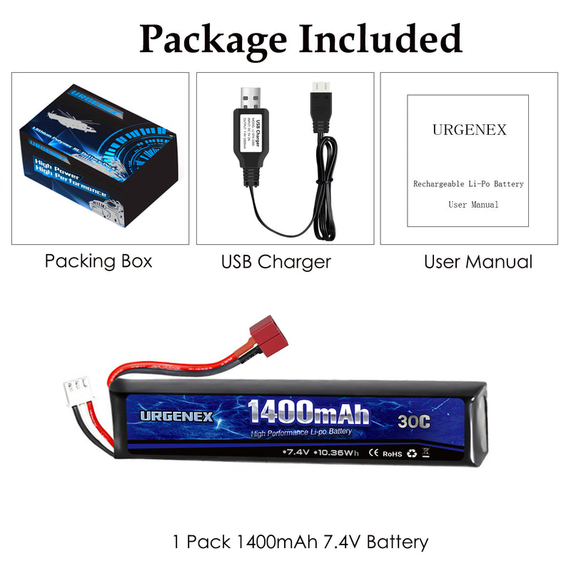 Load image into Gallery viewer, URGENEX Airsoft Battery 7.4V 1400mAh Lipo Battery with Deans T Plug 30C High Discharge Rate Rechargeable 2S Lipo Battery for Airsoft Model Guns