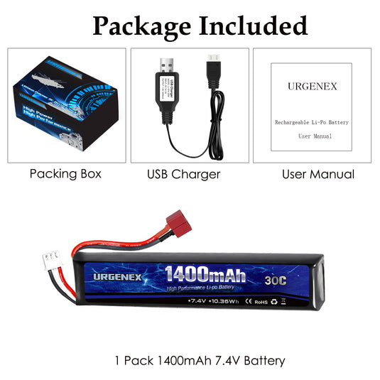 URGENEX Airsoft Battery 7.4V 1400mAh Lipo Battery with Deans T Plug 30C High Discharge Rate Rechargeable 2S Lipo Battery for Airsoft Model Guns